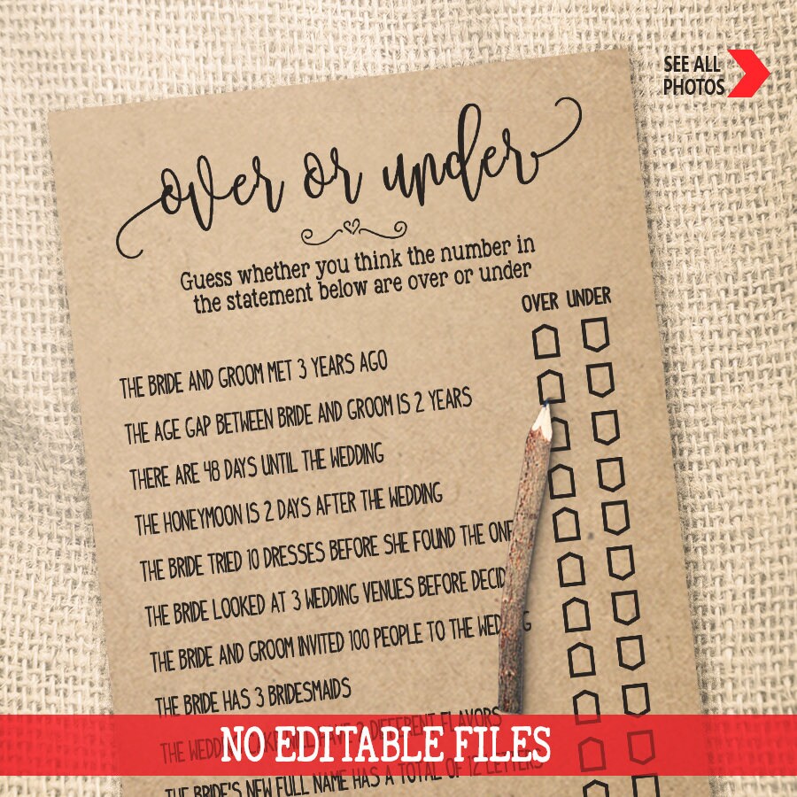 Over or Under Game Bridal Shower game printable Wedding shower Etsy