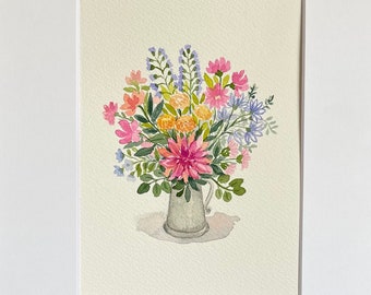 Original Watercolor Flower Painting: Summer Bouquet, Matted Floral Art