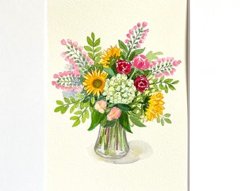 Original Watercolor Flower Painting: Summer Bouquet, Matted Floral Art