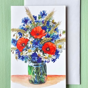 Cartão de felicitações de buquê de flores silvestres em aquarela, flores de milho de papoula, trigo seco, flores de verão, cartão de nota de flores em aquarela em branco