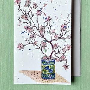 Aquarel kersenbloesem takken wenskaart, roze kersenbloesems, kersenboombloesems gevouwen notitiekaart, kersenboom schilderij