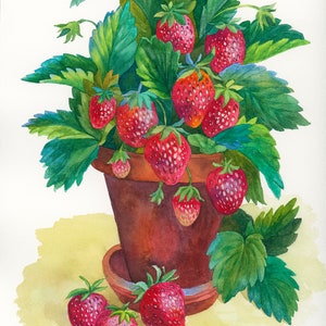 Plante de fraises dans le pot d’argile Carte de vœux, Peinture aux fraises, Aquarelle Fraises pliées Stationnaire avec enveloppe, Cottagecore.
