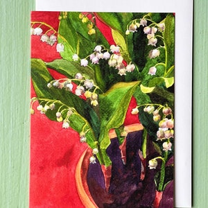 Aquarel Lelietje-van-dalen Wenskaart, Mei Geboortemaand Bloem, Lelietje-van-dalen in Klei Pot Schilderij, Aquarel Bloemen Notitiekaart