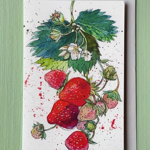 Aquarelle Oeuvre d’art à la fraise Carte de vœux, Illustration de fraises, Baies rouges, Carte pour jardinier, Peinture de fraises juteuses rouges