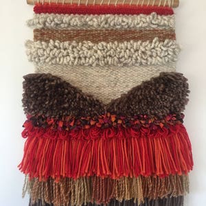 Fall Colors hand woven wall tapestry, woven wall hanging, handmade woven wall decor, fiber art, textile, red, brown, beige, gift for her.