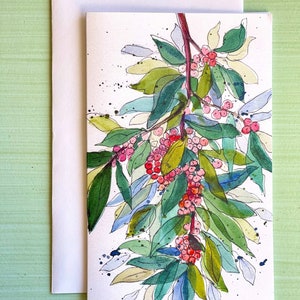Tarjeta de felicitación de acuarela de rama de bayas de invierno, botánicos de invierno, florales de vegetación de invierno, tarjeta de cualquier ocasión, hojas de invierno y bayas rojas.