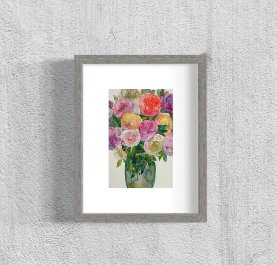 額入り水彩画「バラの花束」：オリジナルフローラルアート（4x4