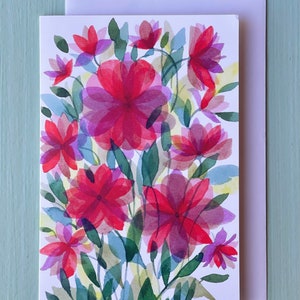 Acuarela Abstracto Flores Rojas Tarjeta de felicitación Rojo moderno Púrpura Flores de jardín Flores dobladas Tarjeta de notas, Flores de primavera, Tarjeta de la naturaleza para ella