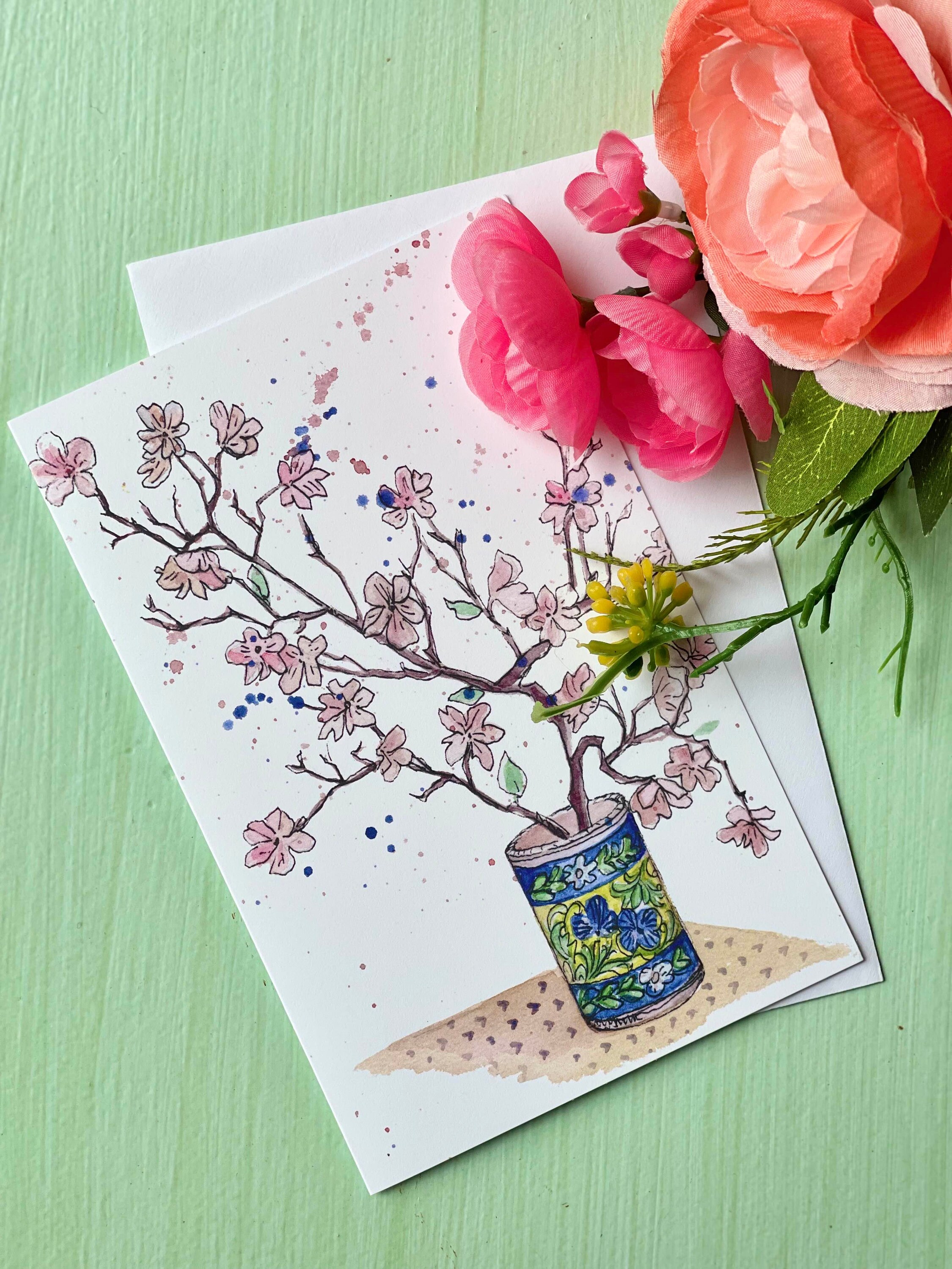 Watercolor Cherry Blossom Greeting Card: Floral Note Card - Etsy