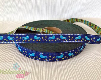 Webband birds flowers blue turquoise colorful 16 mm wide 1 meter