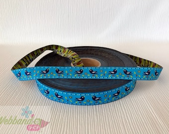 Webband birds flowers turquoise colorful 16 mm wide 1 meter