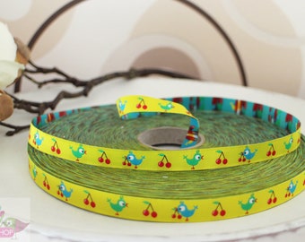 Weaving ribbon birdie-birds with cherries-yellow 12 mm wide 1 meter