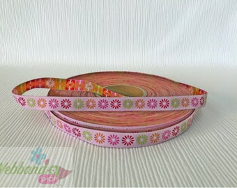 Webband flowers pink colorful 12 mm wide 1 meter