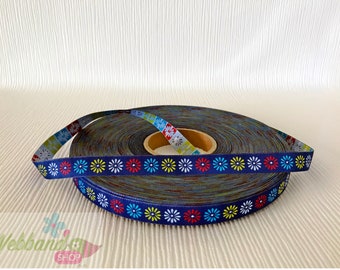 Webband flowers blue colorful 12 mm wide 1 meter