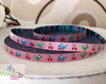 Weaving ribbon birdie-birds with cherries-pink 12 mm wide 1 meter