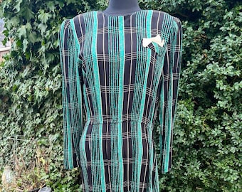 1980’s does 1940’s Cold Rayon Dress / Emerald Green and Black Plaid