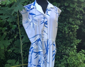 Vintage 1970’s White Cotton Summer Dress with Blue Bamboo Motif