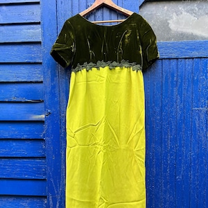 Amazing 1960’s Two Tone Olive Velvet + Chartreuse Crepe Rayon Floor Length Dress