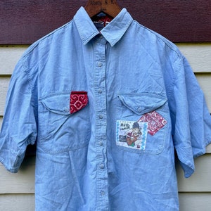 Vintage 90’s Chambray Shirt with Bandanna Details and Patches