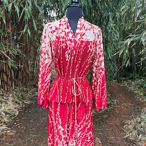 Vintage 1980’s Does 1930’s Red + White Floral Dress with Peplum