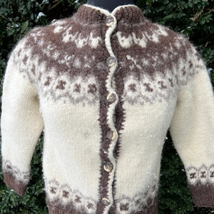 Vintage Felted Nordic Sweater Cardigan in Cream and Brown