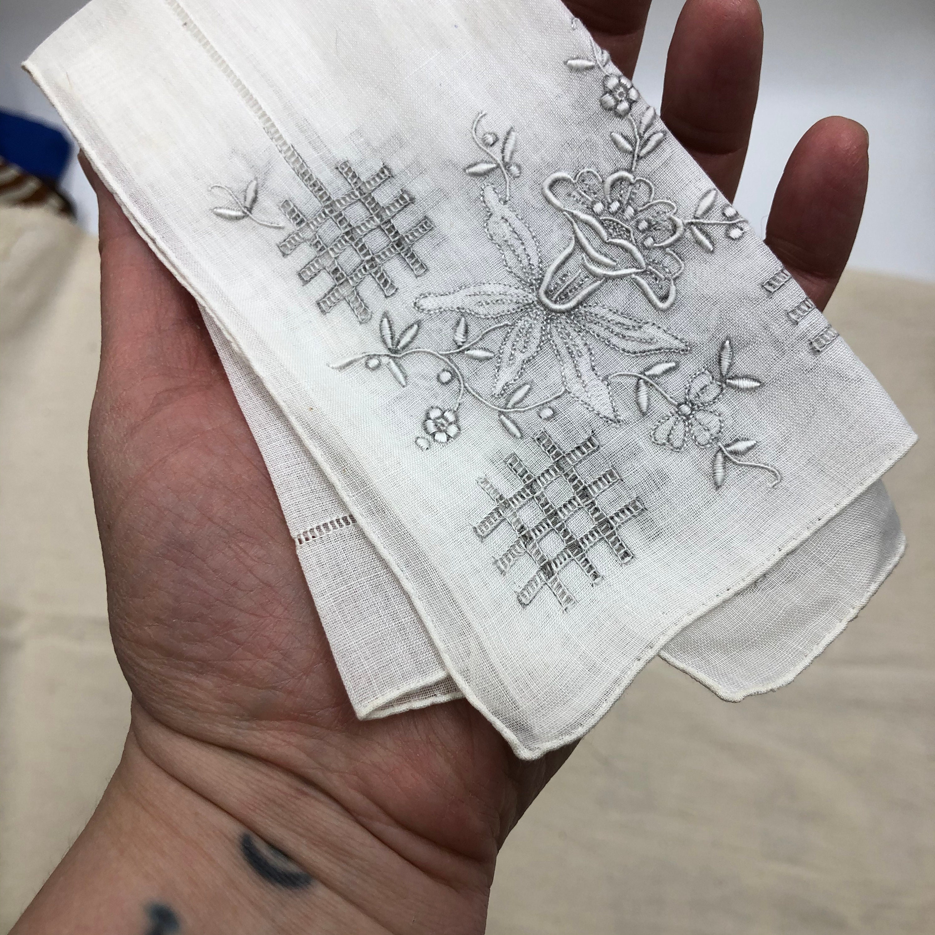 Set of 2 Antique Cotton Hankies with Silver Embroidery