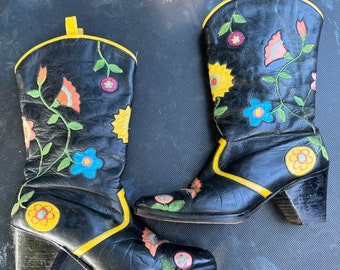 Amazing 1960’s RARE Jerry Edouard Festival / Western / Hippie Boots with Floral Design