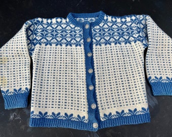 Vintage Blue + White Nordic / Fair Isle Cardigan Sweater with Decorative Buttons