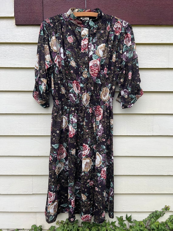 Vintage 1980’s Dark Floral Blouson Dress