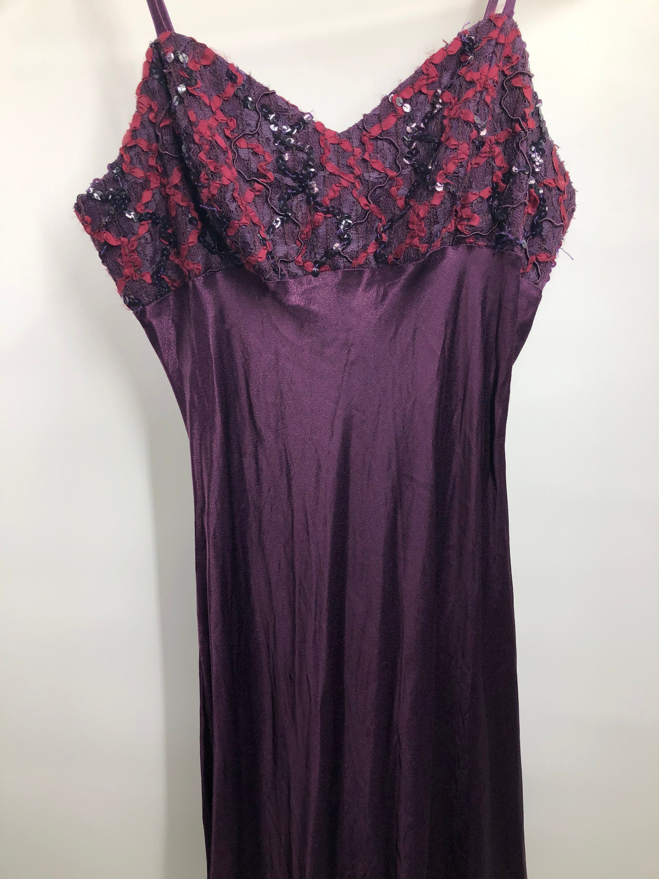 Vintage 1980’s Does 1930’s Dark Plum Crepe Satin Slip Dress with Sequins + Soutache