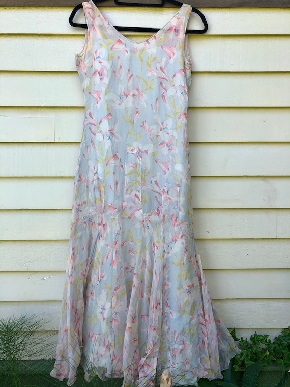 1930’s Floral Bias Cut Silk Chiffon Dress with Slip a… - Gem