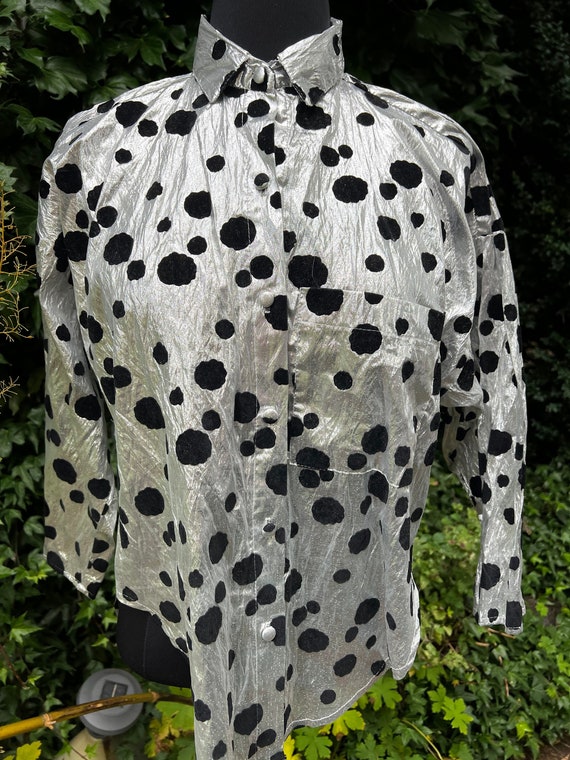 Vintage 1980’s Silver Metallic Blouse with Flocke… - image 1