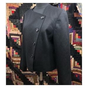 Vintage 1980’s Pendleton Petite Cropped Black Wool Jacket with Asymmetrical Buttons
