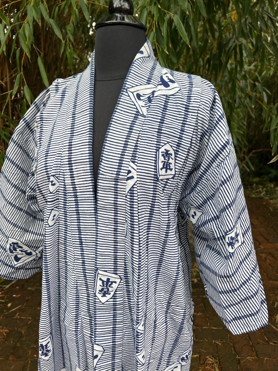 Vintage Long Blue + White Cotton Kimono - image 6