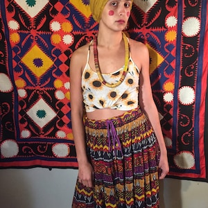 Colorful Geometric Tapestry Skirt with Drawstring