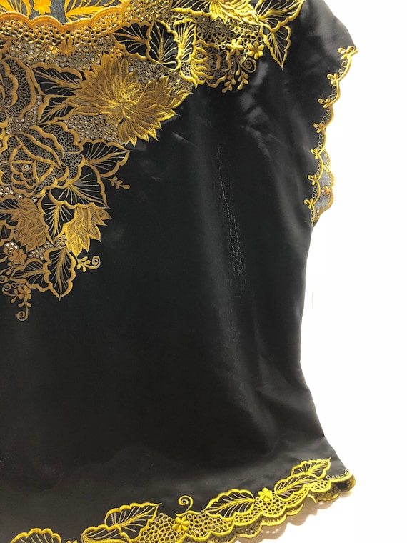 Vintage Silky Black Top with Golden Yellow Lace