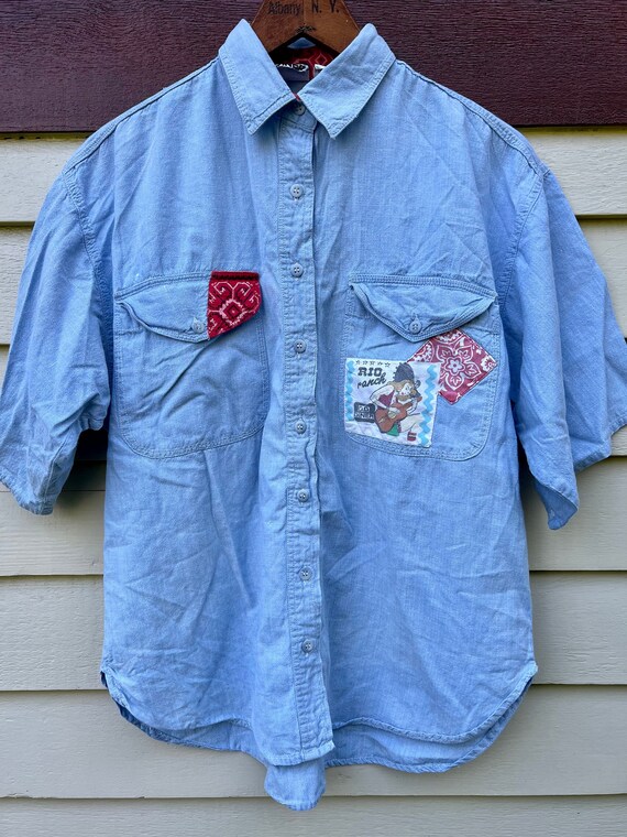 Vintage 90’s Chambray Shirt with Bandanna Details… - image 1