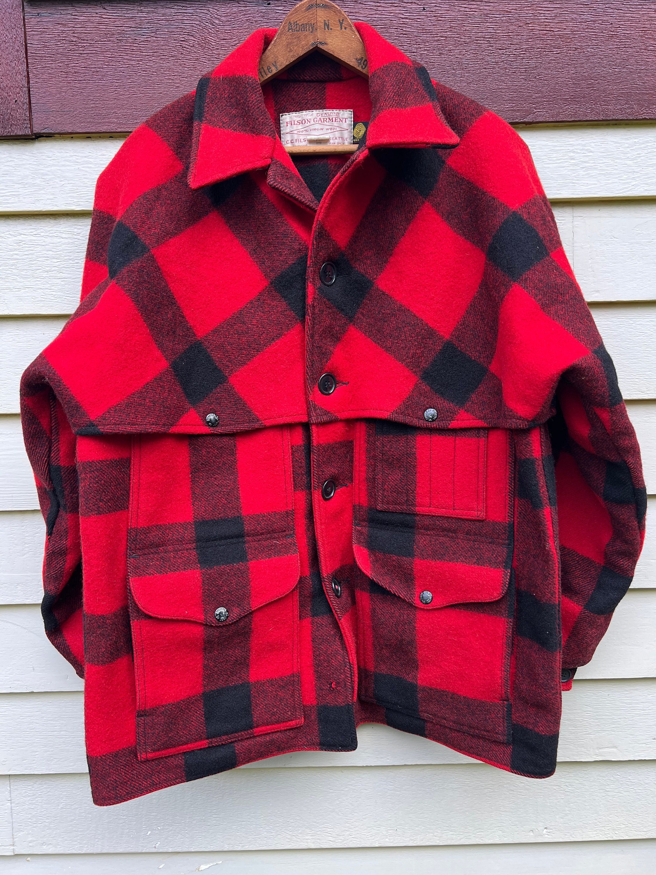 Vintage 1970s CC Filson Mackinaw Hunting Jacket Buffalo Plaid Red