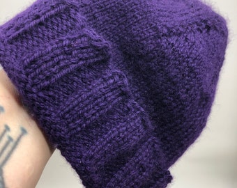 Vintage Hand Knit Purple Wool Cuffed Beanie