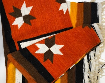 Vintage Mexican Aztec Warrior Blanket with Stripes