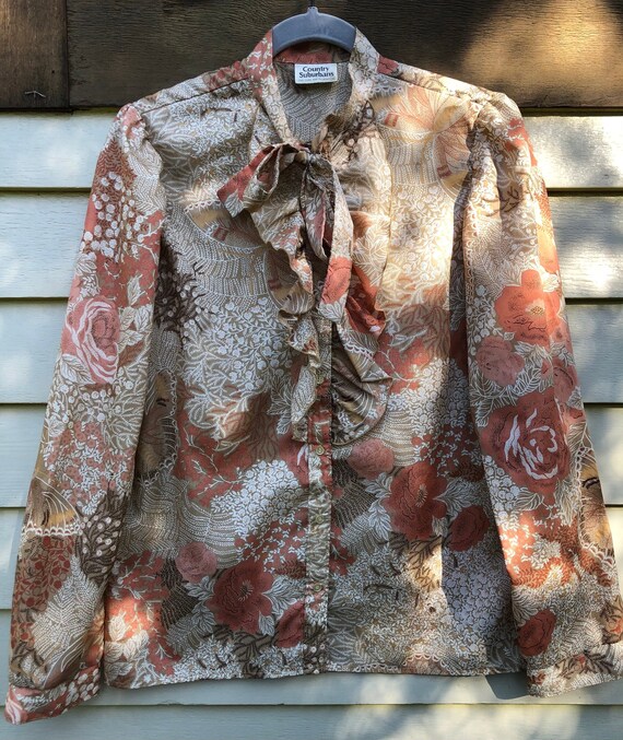 Vintage 1970’s Floral Earth Tone Blouse with Ruffles … - Gem
