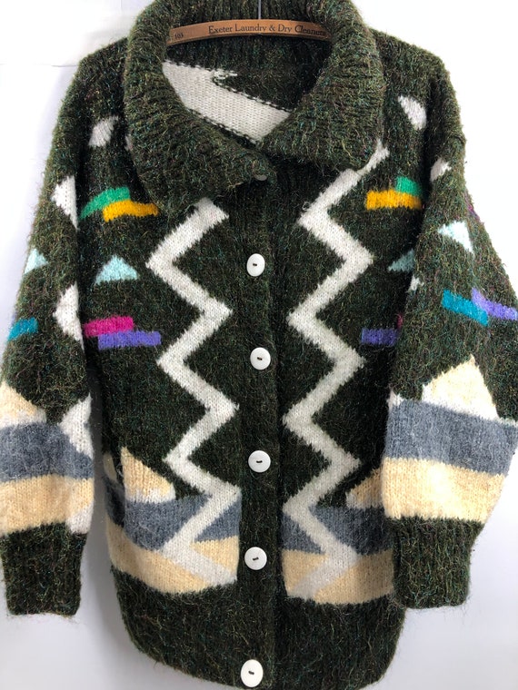 Vintage 1980’s Fuzzy Cardigan Sweater with Abstrac