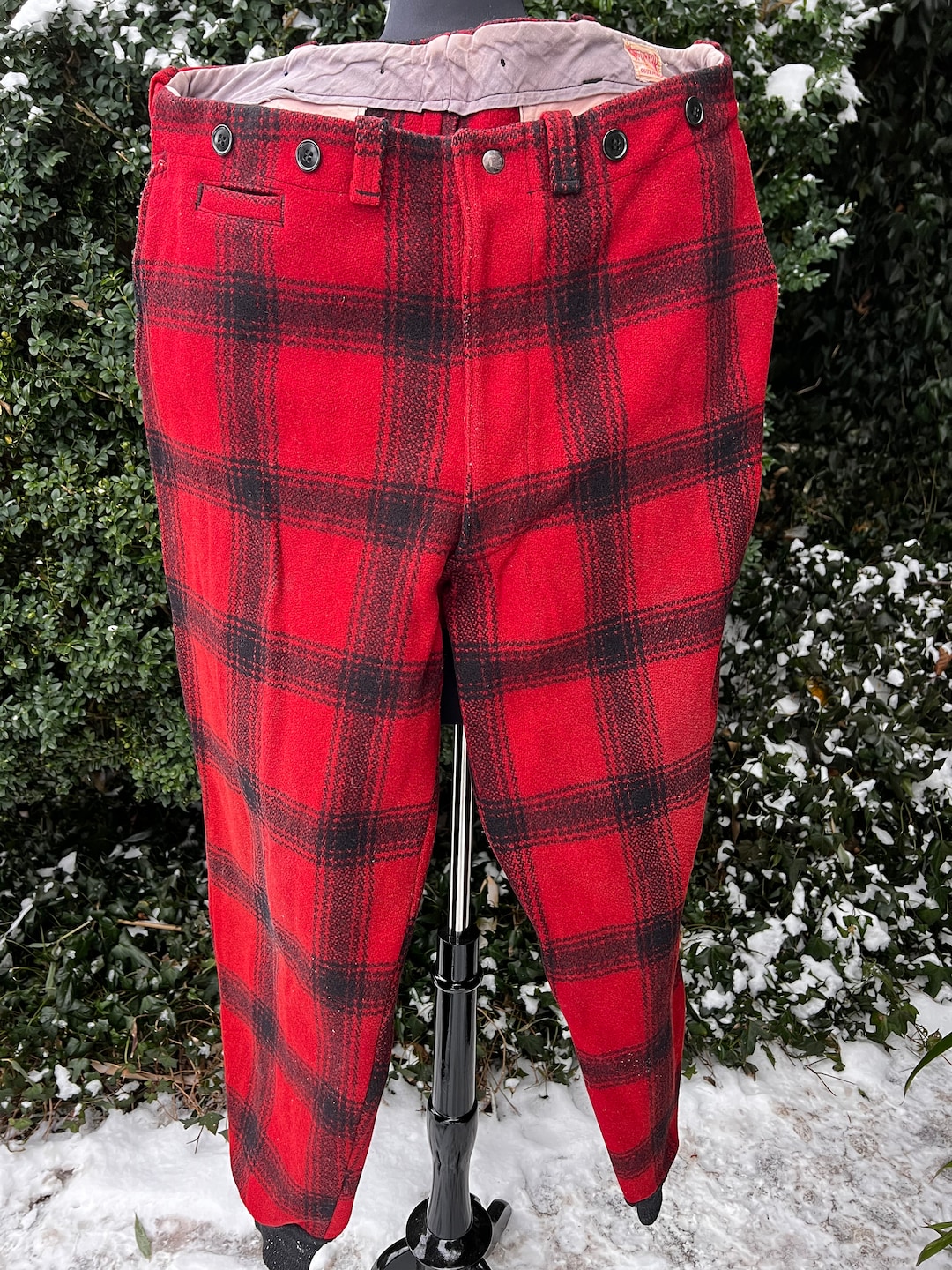 Vintage 1950's Wool Red + Black Shadow Plaid Hunting Pants