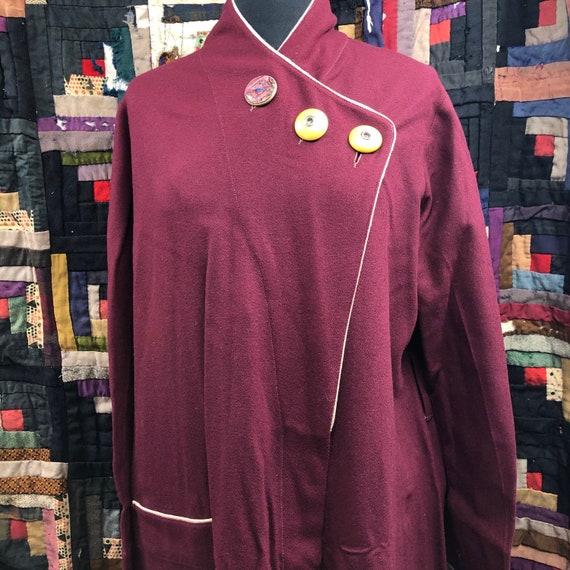 Vintage 1940’s Burgundy Wool Robe with Decorative… - image 1