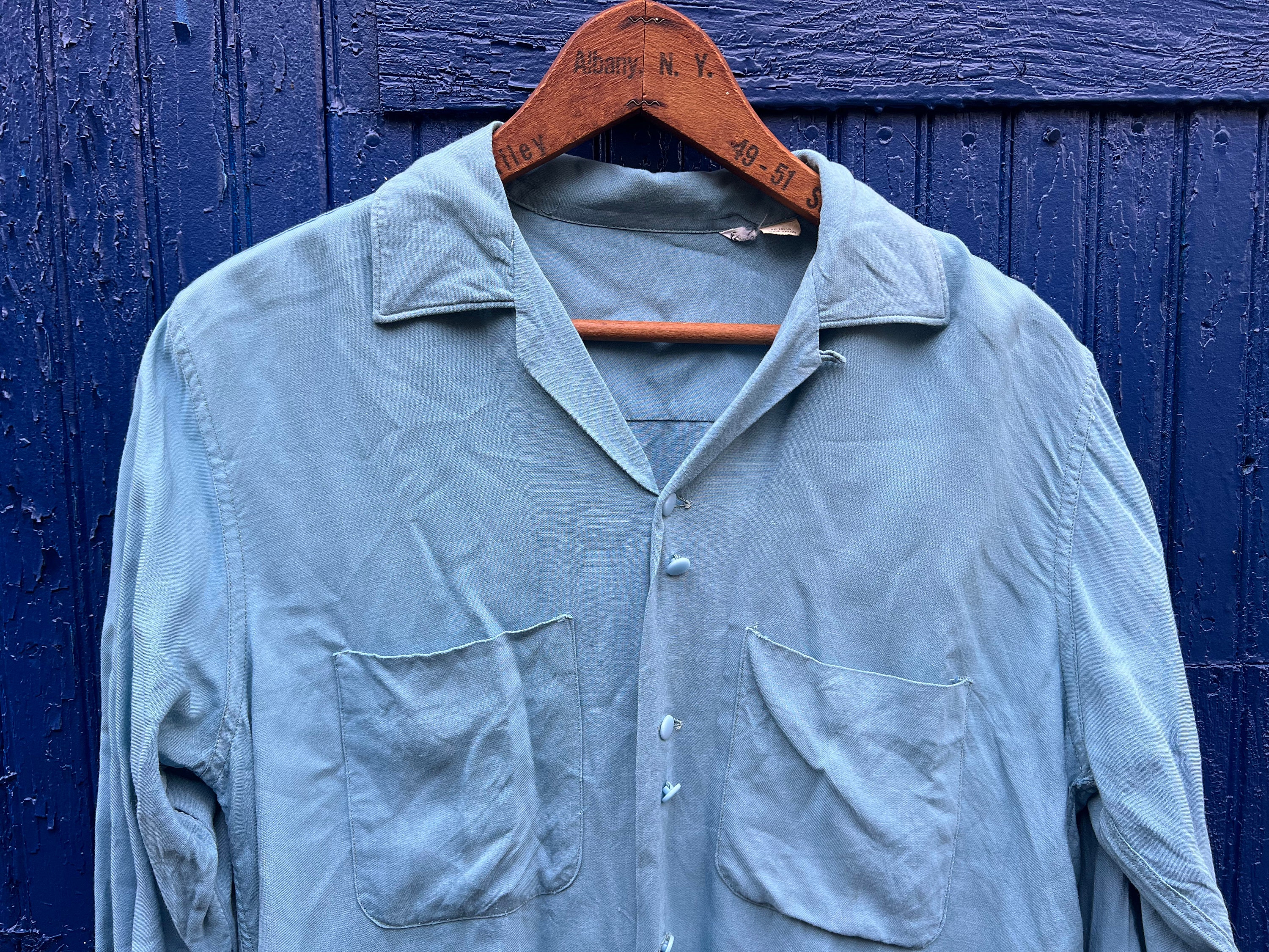 Vintage 1950's Sky Blue Rayon Loop Collar Button Front Shirt Vintage 1950's Sky Blue Rayon Loop Collar Button Front Shirt