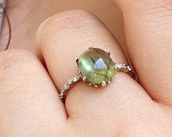 Unique Natural Prehnite Ring Sterling Silver, Forest Engagement Ring, Green Engagement Ring, Nature Ring, Natural Ring, Green Gemstone Ring