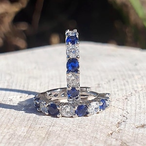Blue Sapphire Earrings Sterling Silver,Sapphire Eternity Earrings,Blue Sapphire Huggie Earrings,Sapphire Hoop Earrings,Earrings Gift For Her