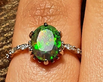 Black Opal Engagement Ring, Fire Opal Ring,Opal Ring Sterling Silver, Victorian Engagement Ring, Natural Opal Ring,Opal Diamond Ring/ Unique