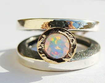 Rainbow Opal Ring Sterling Silver and 14k Solid Hammered Yellow Gold Setting, Mixed Metals Ring, Opal Statement Ring Opal Ring Men or Women