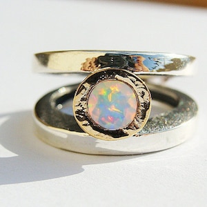 Rainbow Opal Ring Sterling Silver and 14k Solid Hammered Yellow Gold Setting, Mixed Metals Ring, Opal Statement Ring Opal Ring Men or Women